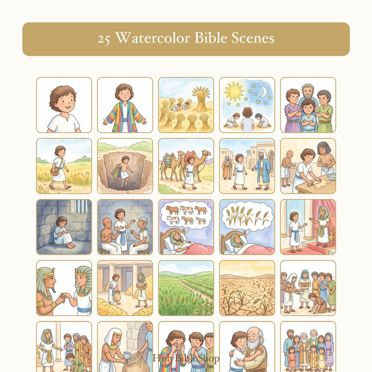 Joseph Bingo | Printable Bible Bingo Game for Kids | 60 Cards Sunday School VBS Christian Watercolor PDF — image 3