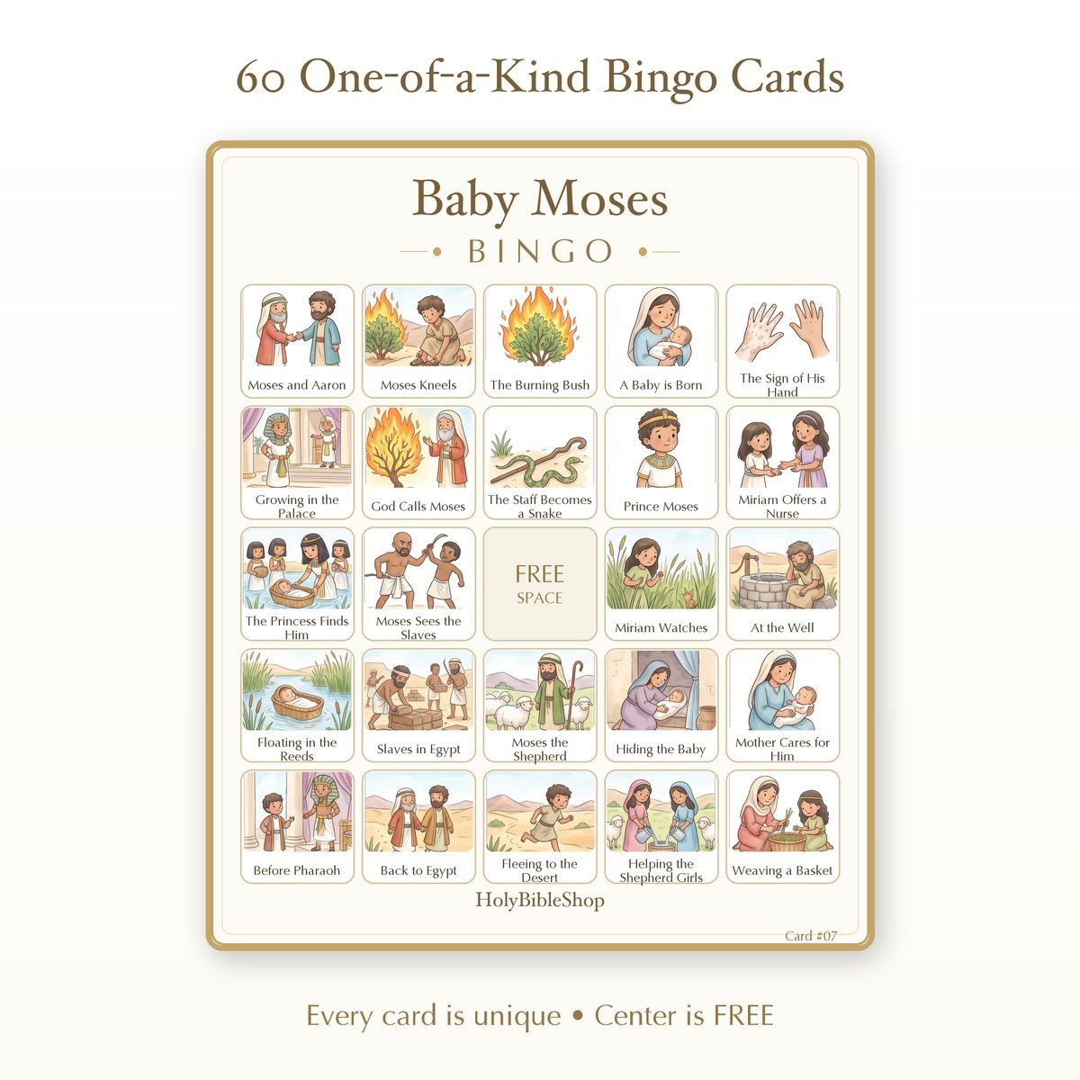 Baby Moses Bingo | Printable Bible Bingo Game for Kids | 60 Cards Sunday School VBS Christian Watercolor PDF — image 2