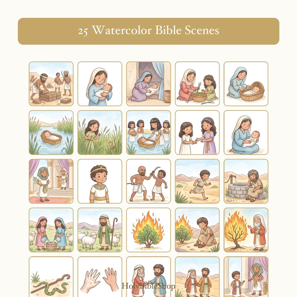 Baby Moses Bingo | Printable Bible Bingo Game for Kids | 60 Cards Sunday School VBS Christian Watercolor PDF — image 3