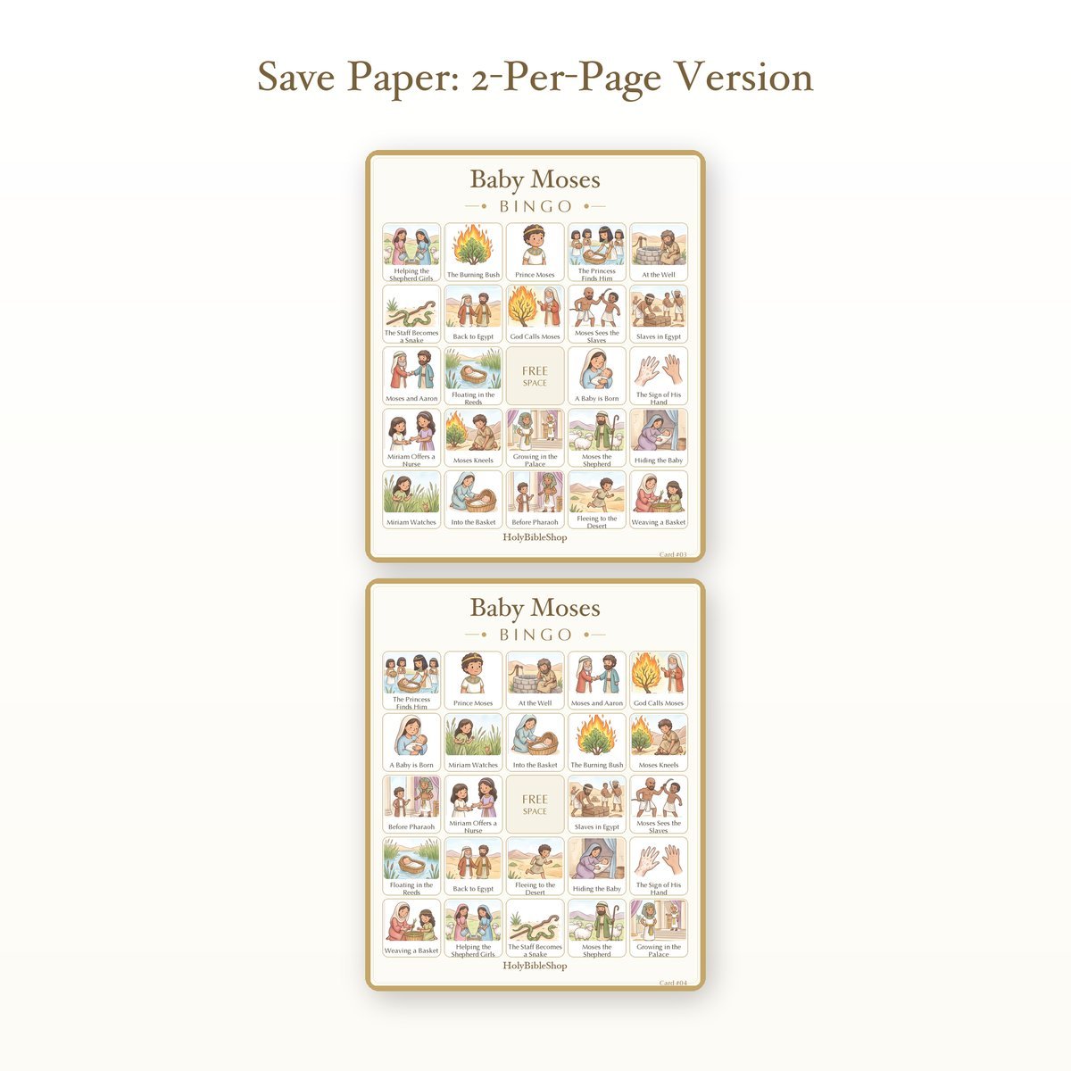 Baby Moses Bingo | Printable Bible Bingo Game for Kids | 60 Cards Sunday School VBS Christian Watercolor PDF — image 6