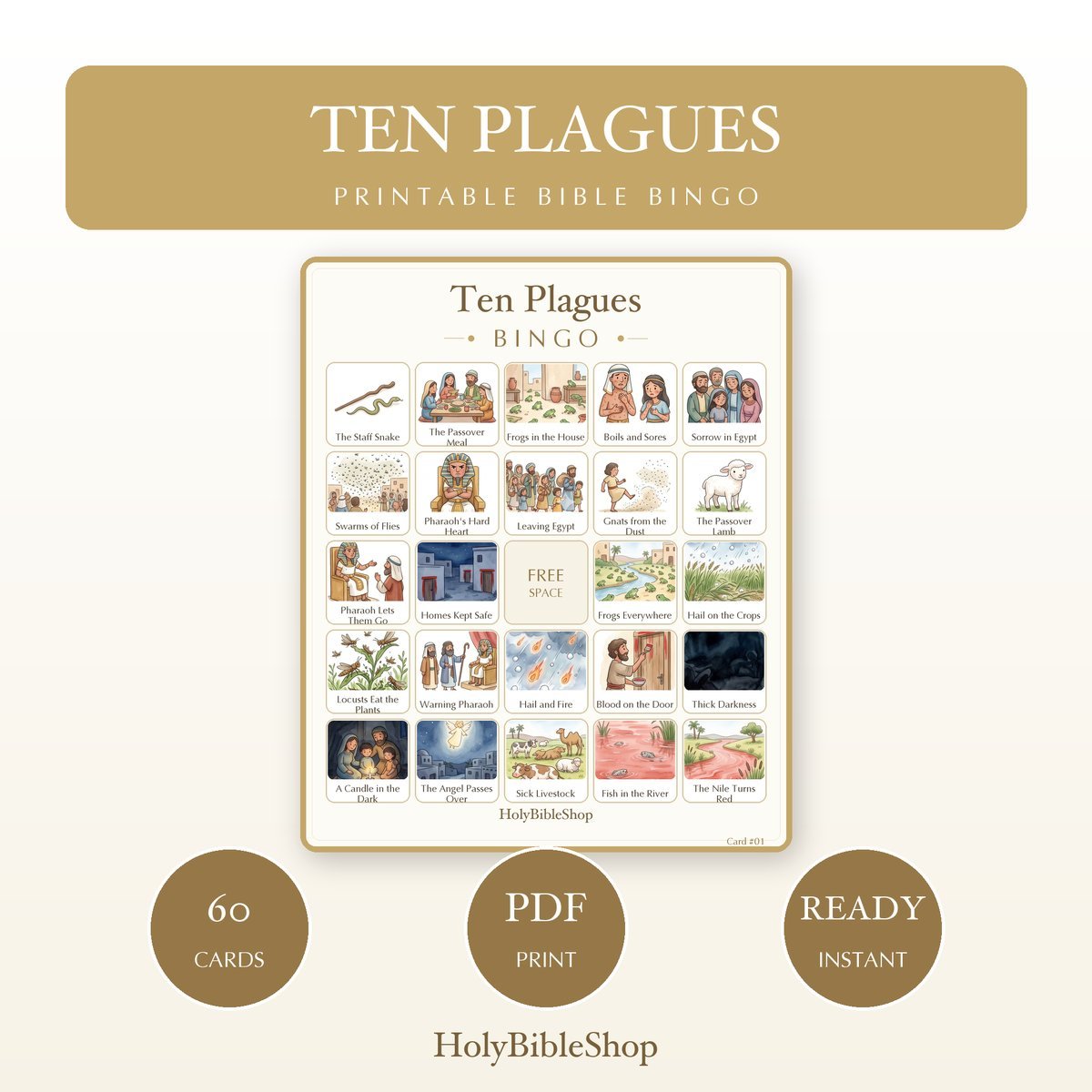 Ten Plagues Bingo | Printable Bible Bingo Game for Kids | 60 Cards Sunday School VBS Christian Watercolor PDF