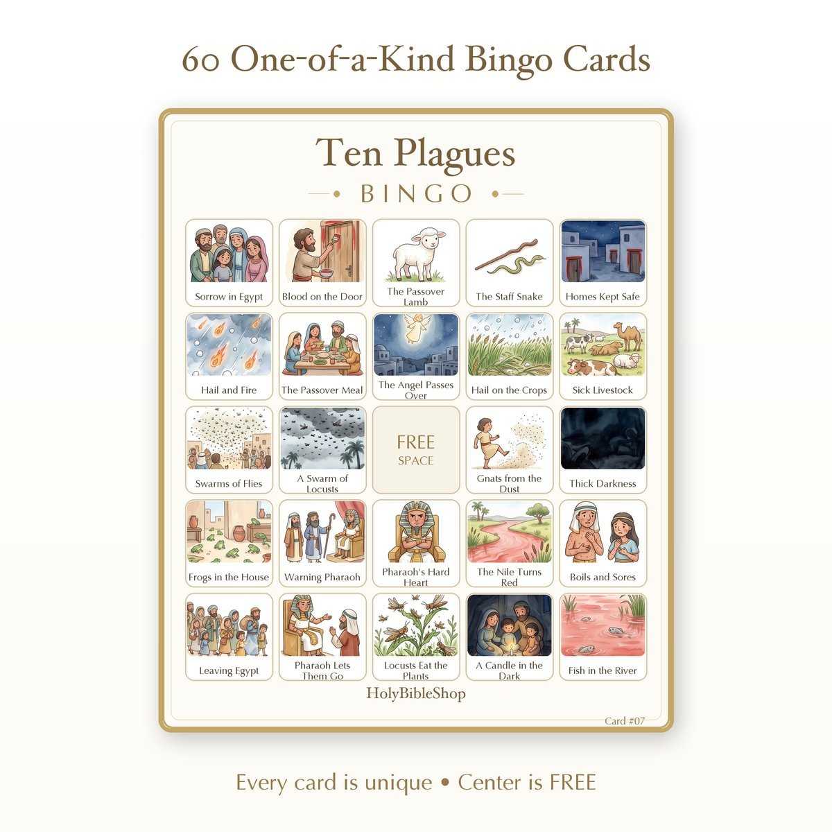 Ten Plagues Bingo | Printable Bible Bingo Game for Kids | 60 Cards Sunday School VBS Christian Watercolor PDF — image 2