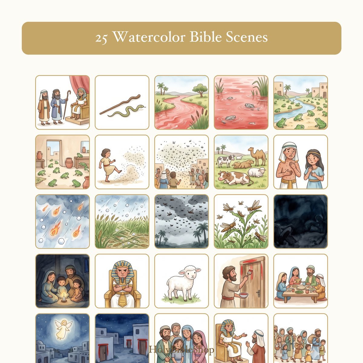 Ten Plagues Bingo | Printable Bible Bingo Game for Kids | 60 Cards Sunday School VBS Christian Watercolor PDF — image 3