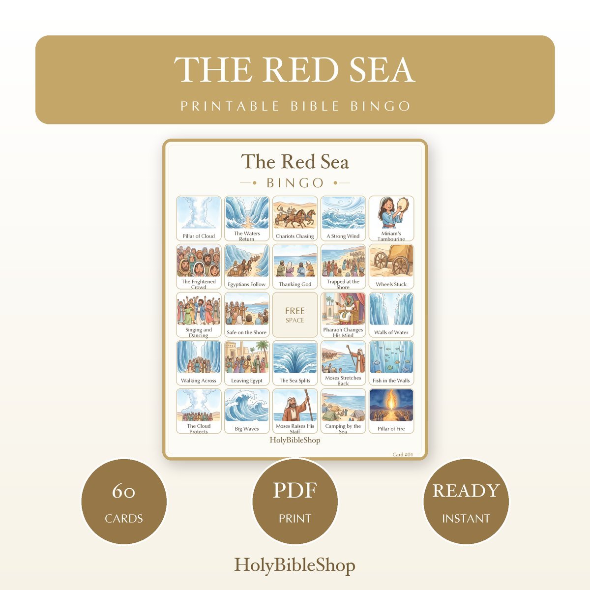 The Red Sea Bingo | Printable Bible Bingo Game for Kids | 60 Cards Sunday School VBS Christian Watercolor PDF