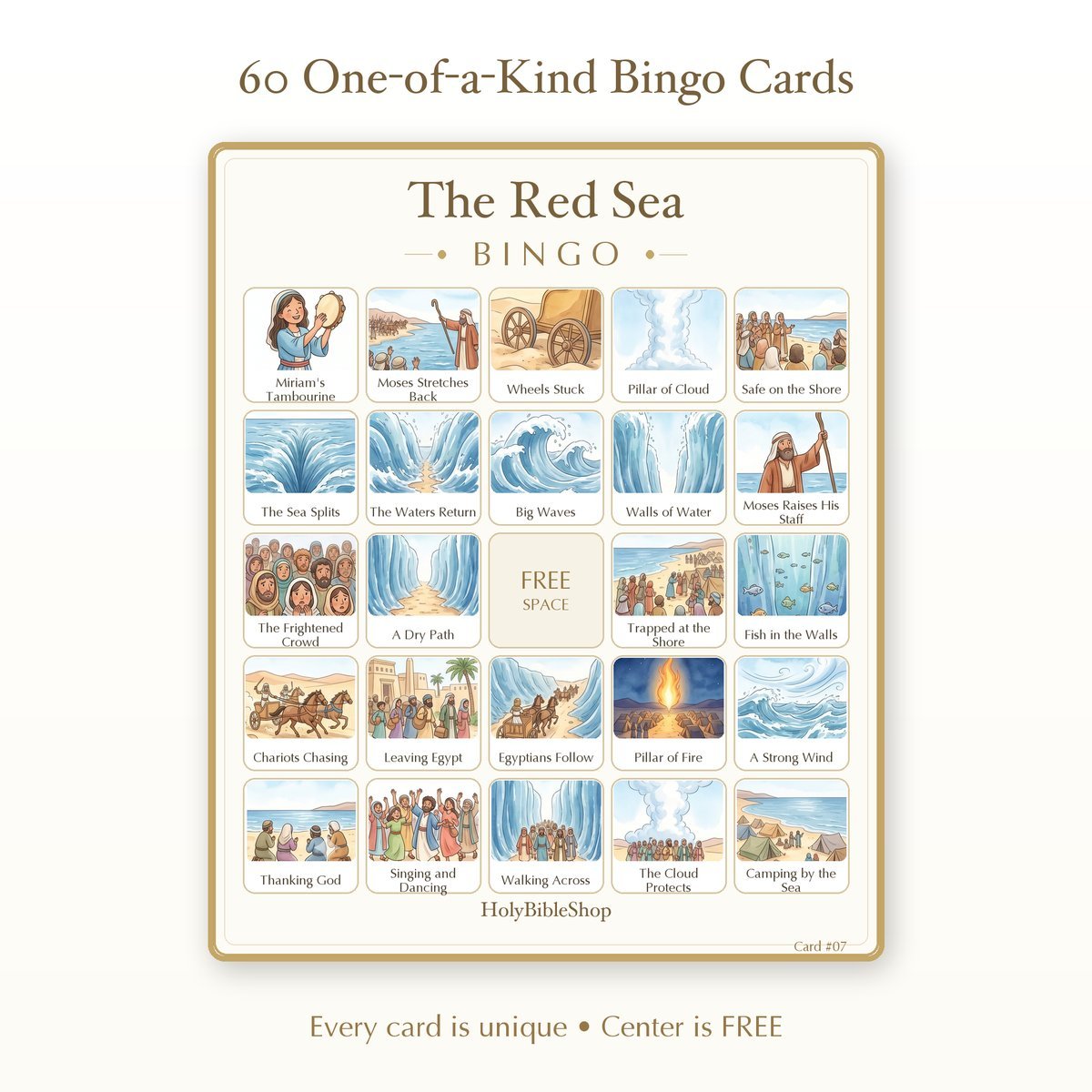 The Red Sea Bingo | Printable Bible Bingo Game for Kids | 60 Cards Sunday School VBS Christian Watercolor PDF — image 2