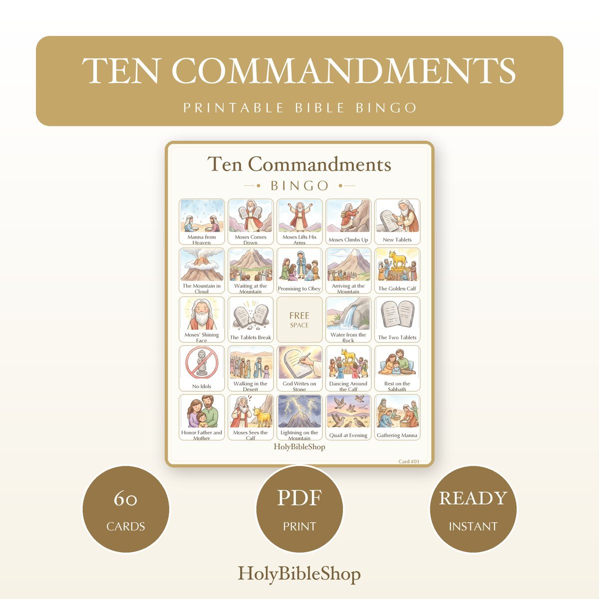 Ten Commandments Bingo | Printable Bible Bingo Game for Kids | 60 Cards Sunday School VBS Christian Watercolor PDF