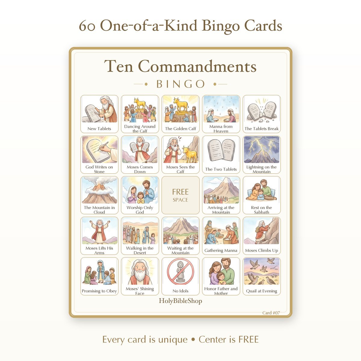 Ten Commandments Bingo | Printable Bible Bingo Game for Kids | 60 Cards Sunday School VBS Christian Watercolor PDF — image 2
