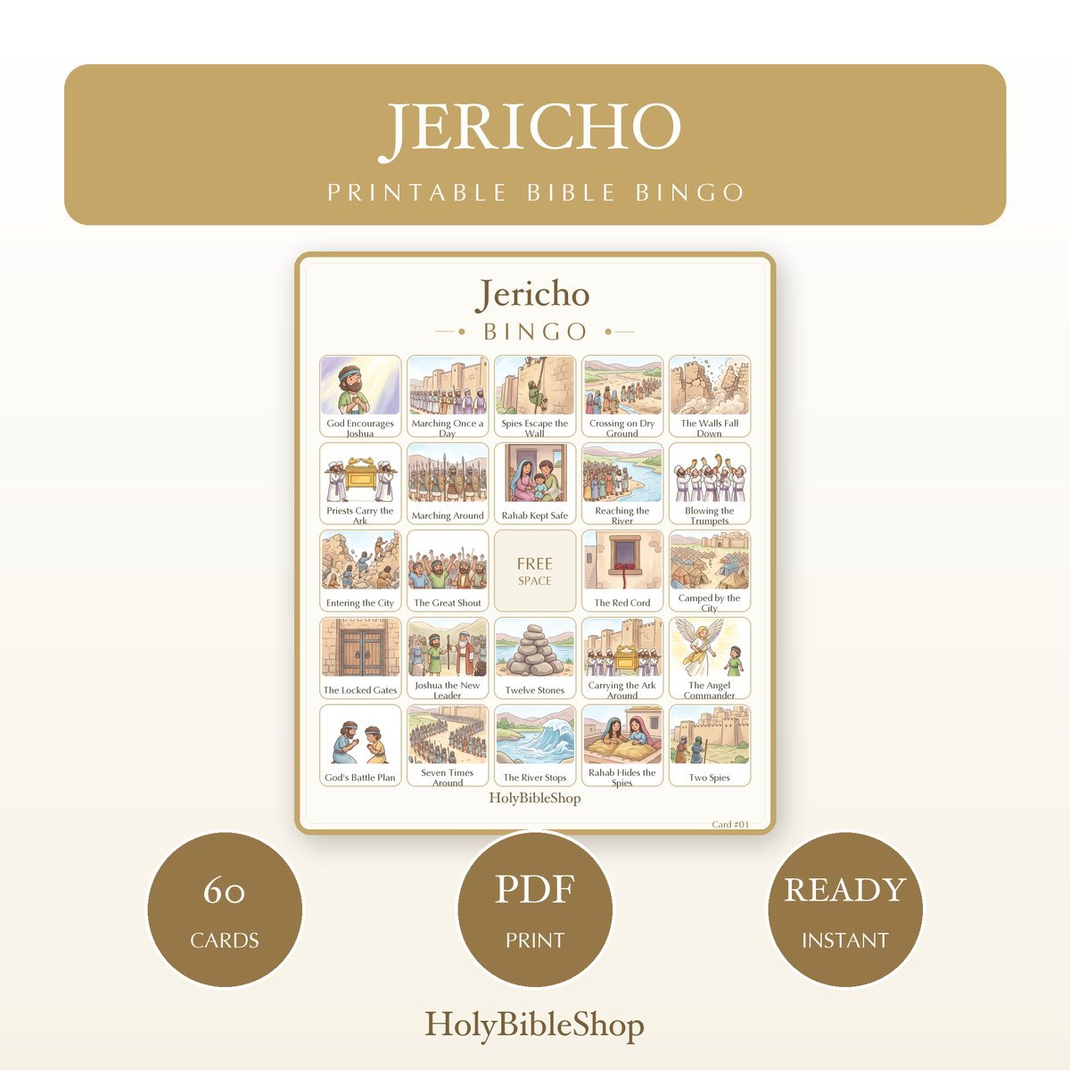 Jericho Bingo | Printable Bible Bingo Game for Kids | 60 Cards Sunday School VBS Christian Watercolor PDF