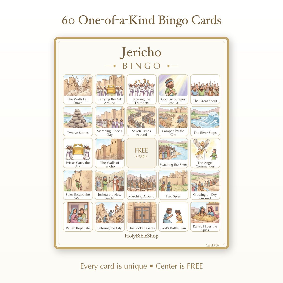 Jericho Bingo | Printable Bible Bingo Game for Kids | 60 Cards Sunday School VBS Christian Watercolor PDF — image 2