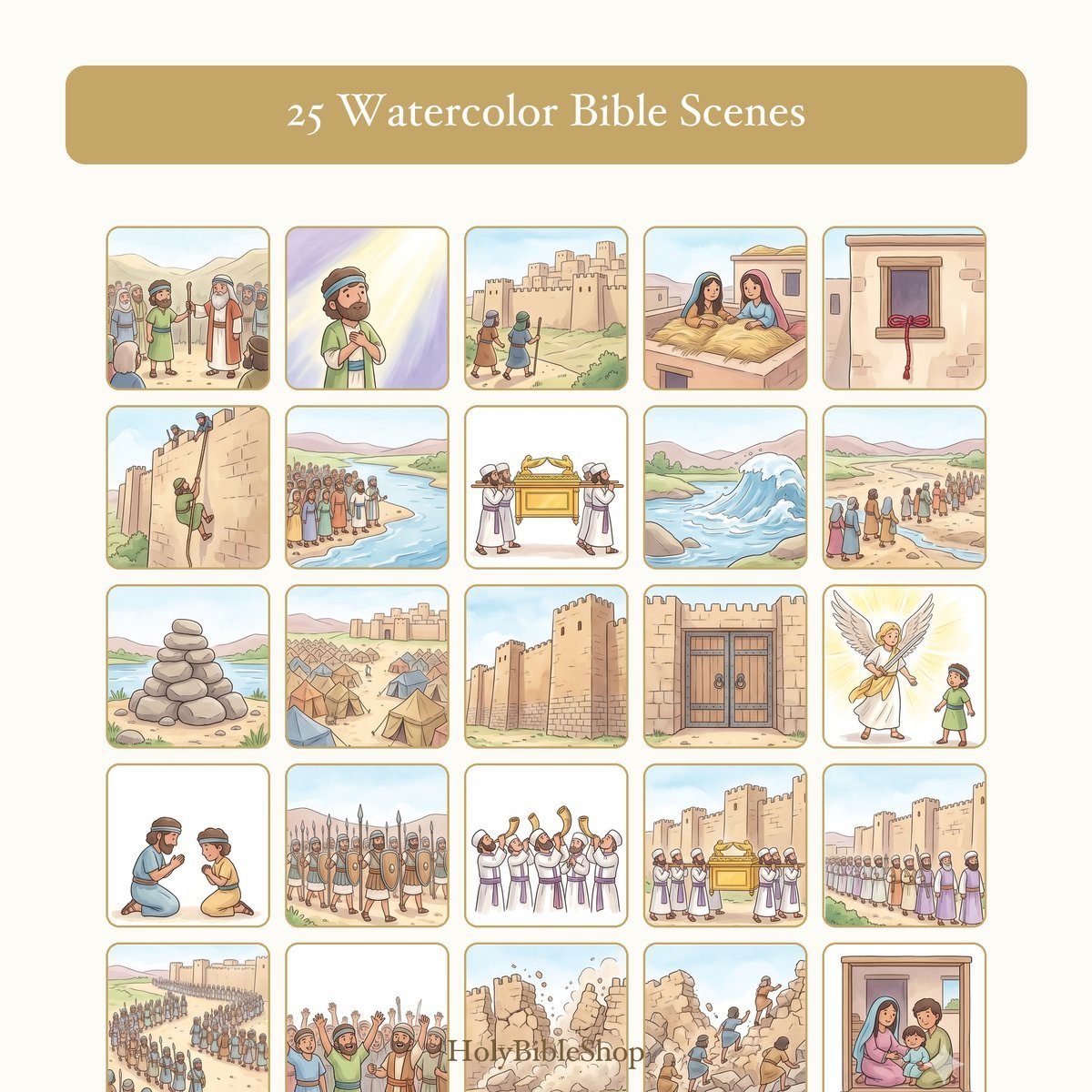 Jericho Bingo | Printable Bible Bingo Game for Kids | 60 Cards Sunday School VBS Christian Watercolor PDF — image 3