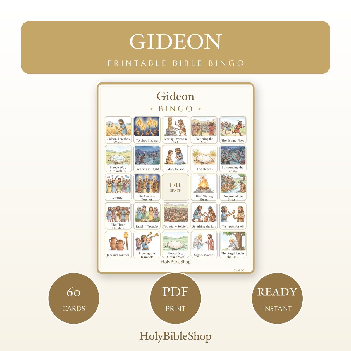 Gideon Bingo | Printable Bible Bingo Game for Kids | 60 Cards Sunday School VBS Christian Watercolor PDF