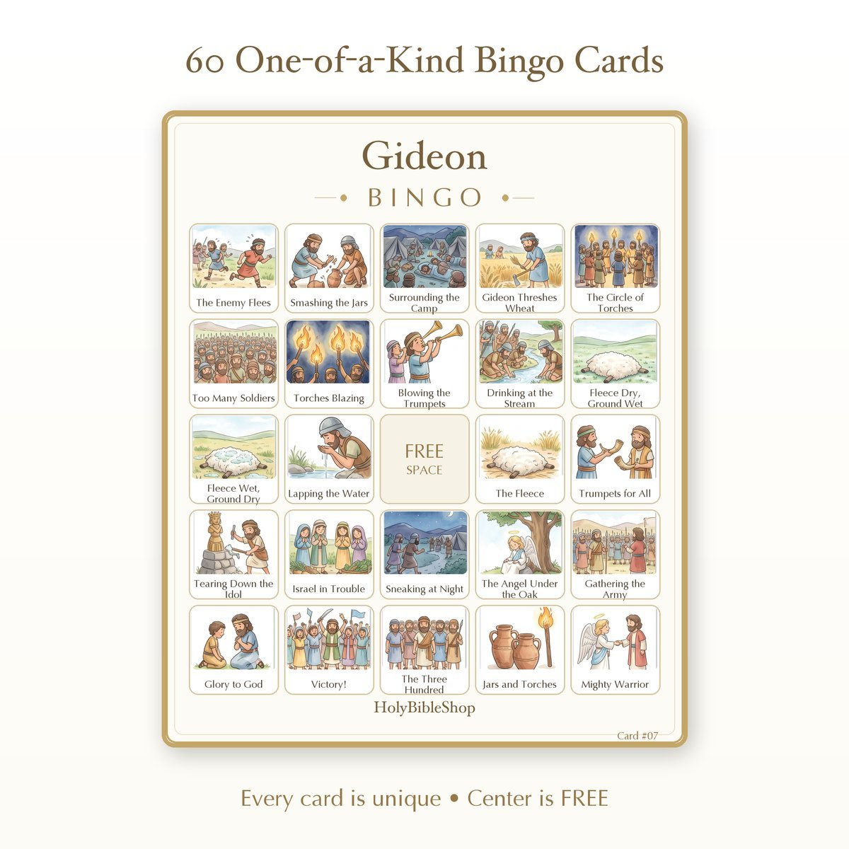 Gideon Bingo | Printable Bible Bingo Game for Kids | 60 Cards Sunday School VBS Christian Watercolor PDF — image 2