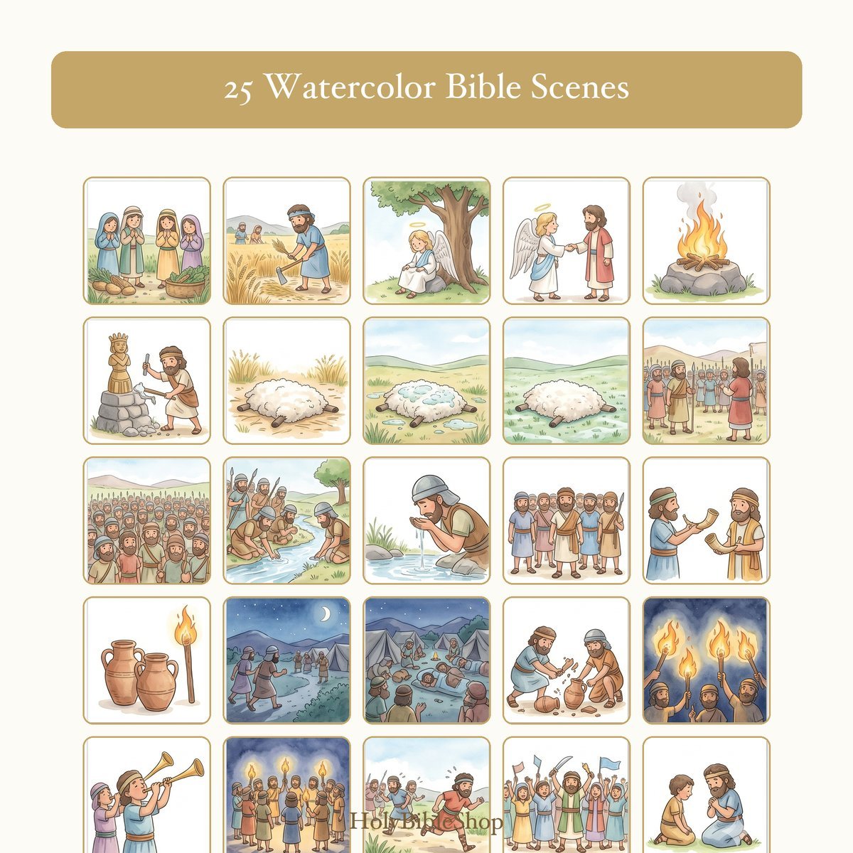 Gideon Bingo | Printable Bible Bingo Game for Kids | 60 Cards Sunday School VBS Christian Watercolor PDF — image 3