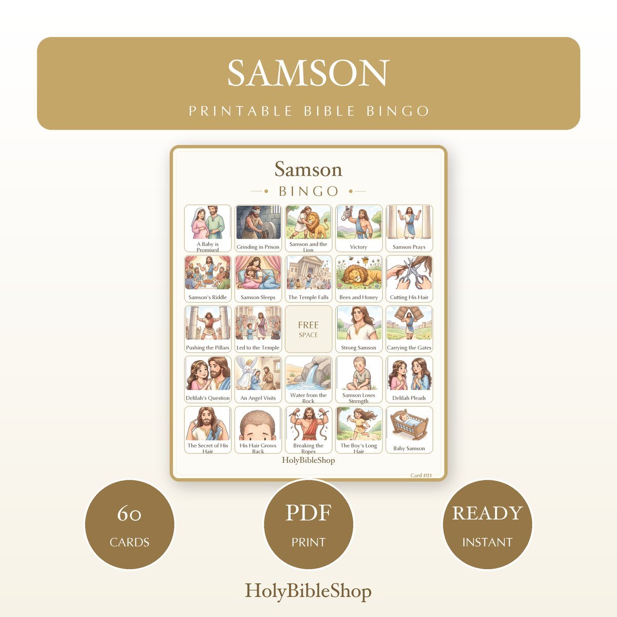 Samson Bingo | Printable Bible Bingo Game for Kids | 60 Cards Sunday School VBS Christian Watercolor PDF