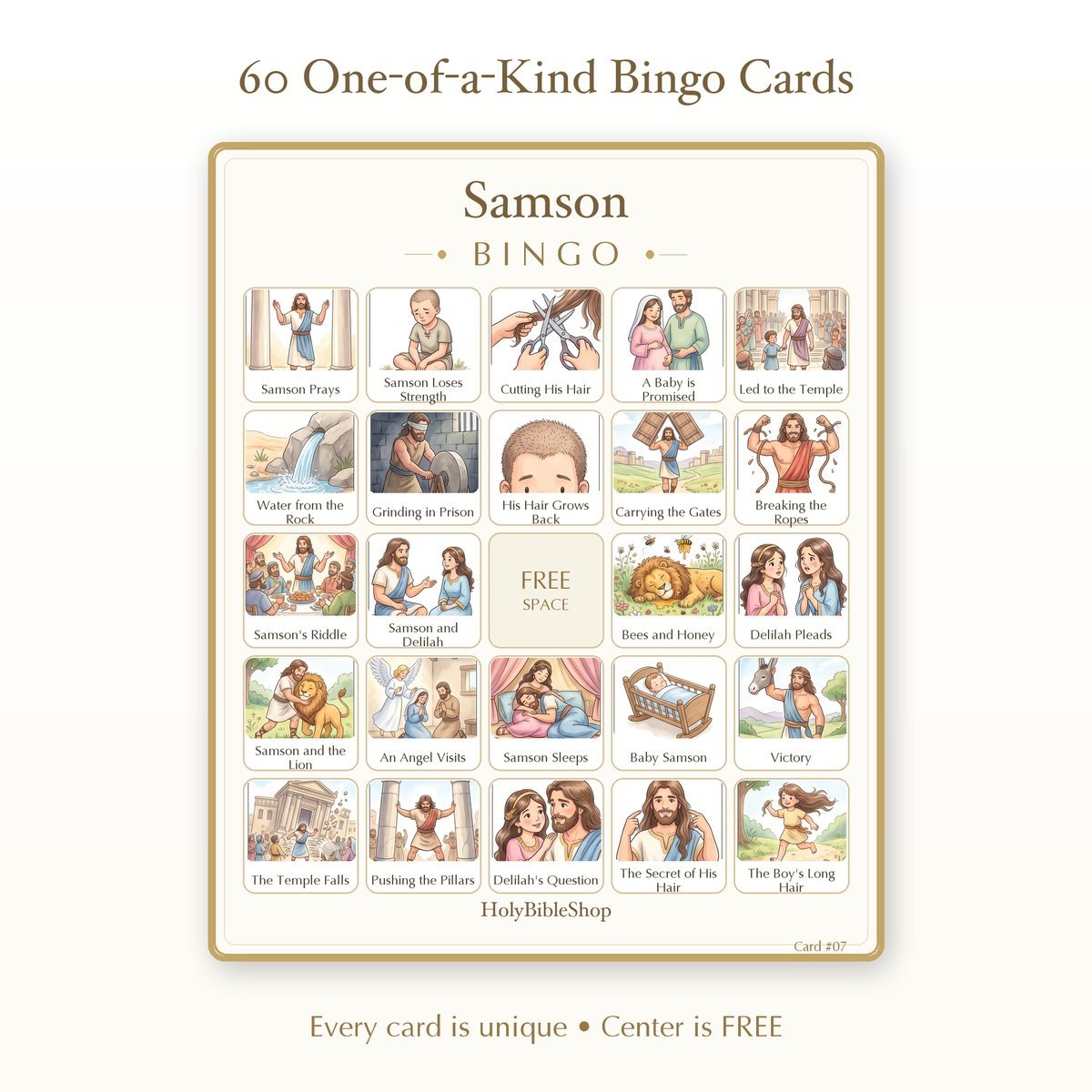 Samson Bingo | Printable Bible Bingo Game for Kids | 60 Cards Sunday School VBS Christian Watercolor PDF — image 2