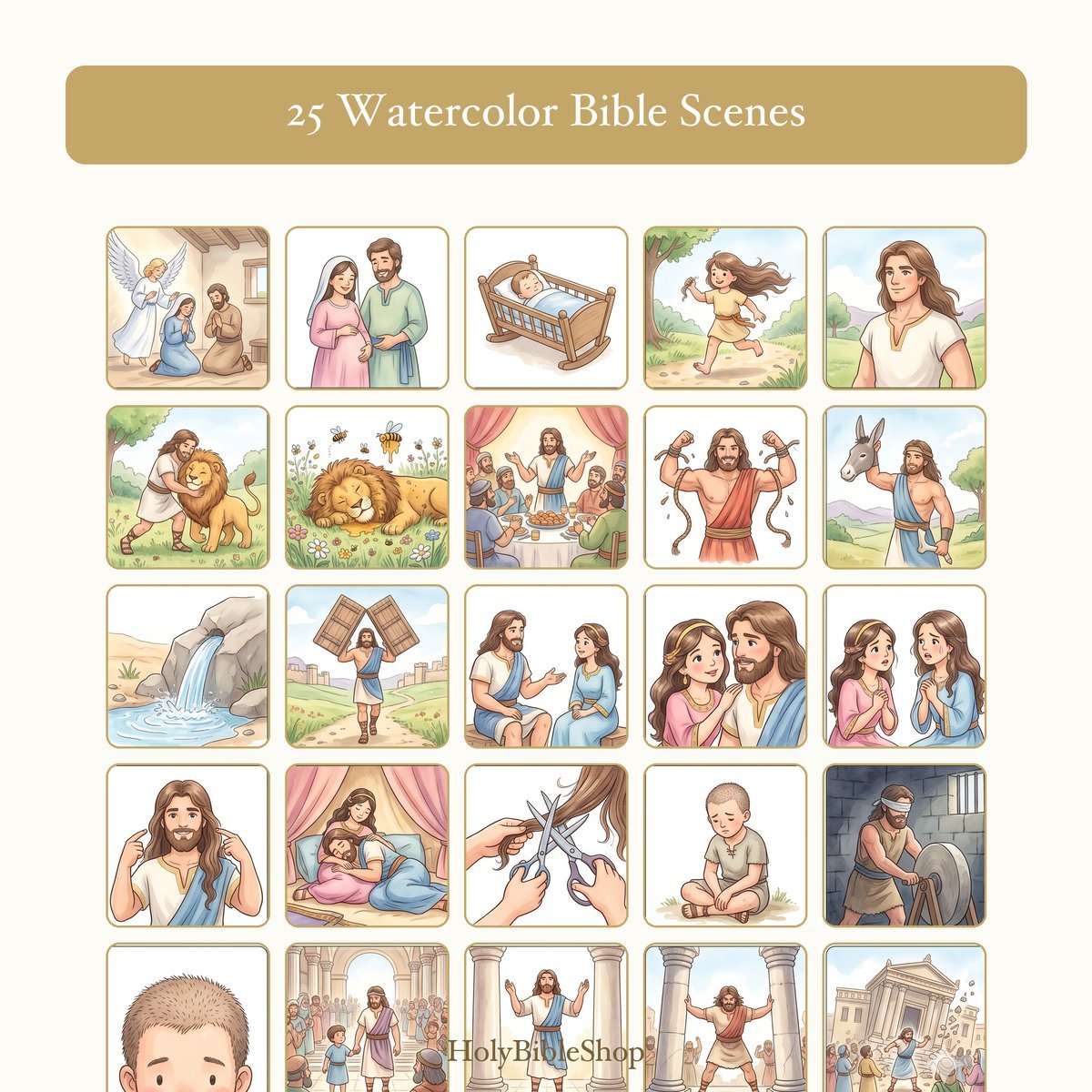 Samson Bingo | Printable Bible Bingo Game for Kids | 60 Cards Sunday School VBS Christian Watercolor PDF — image 3