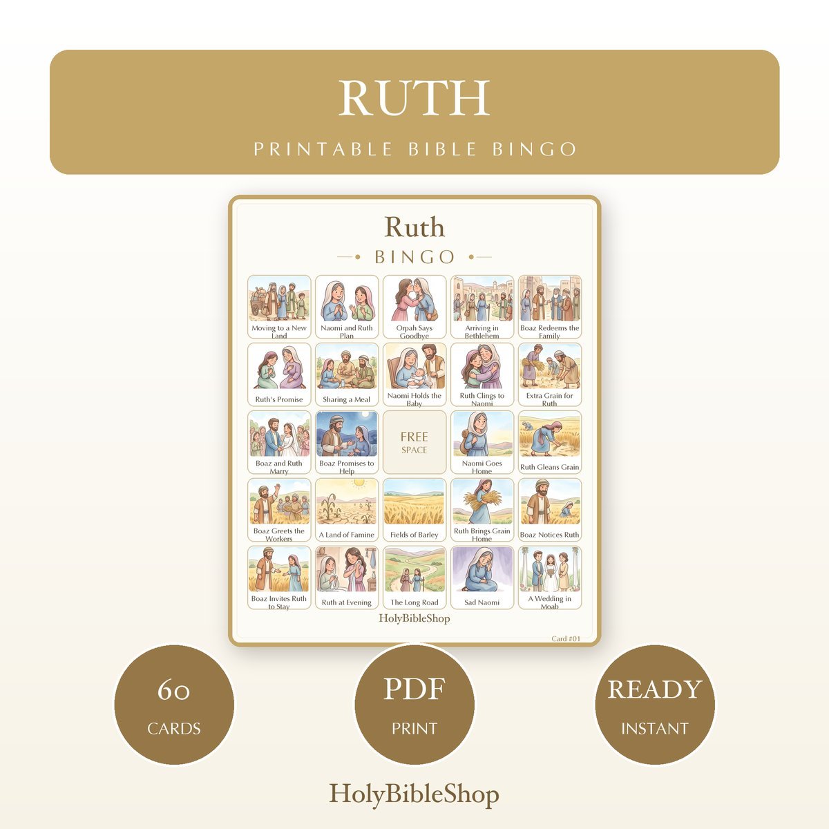 Ruth Bingo | Printable Bible Bingo Game for Kids | 60 Cards Sunday School VBS Christian Watercolor PDF