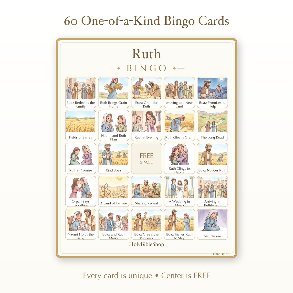 Ruth Bingo | Printable Bible Bingo Game for Kids | 60 Cards Sunday School VBS Christian Watercolor PDF — image 2