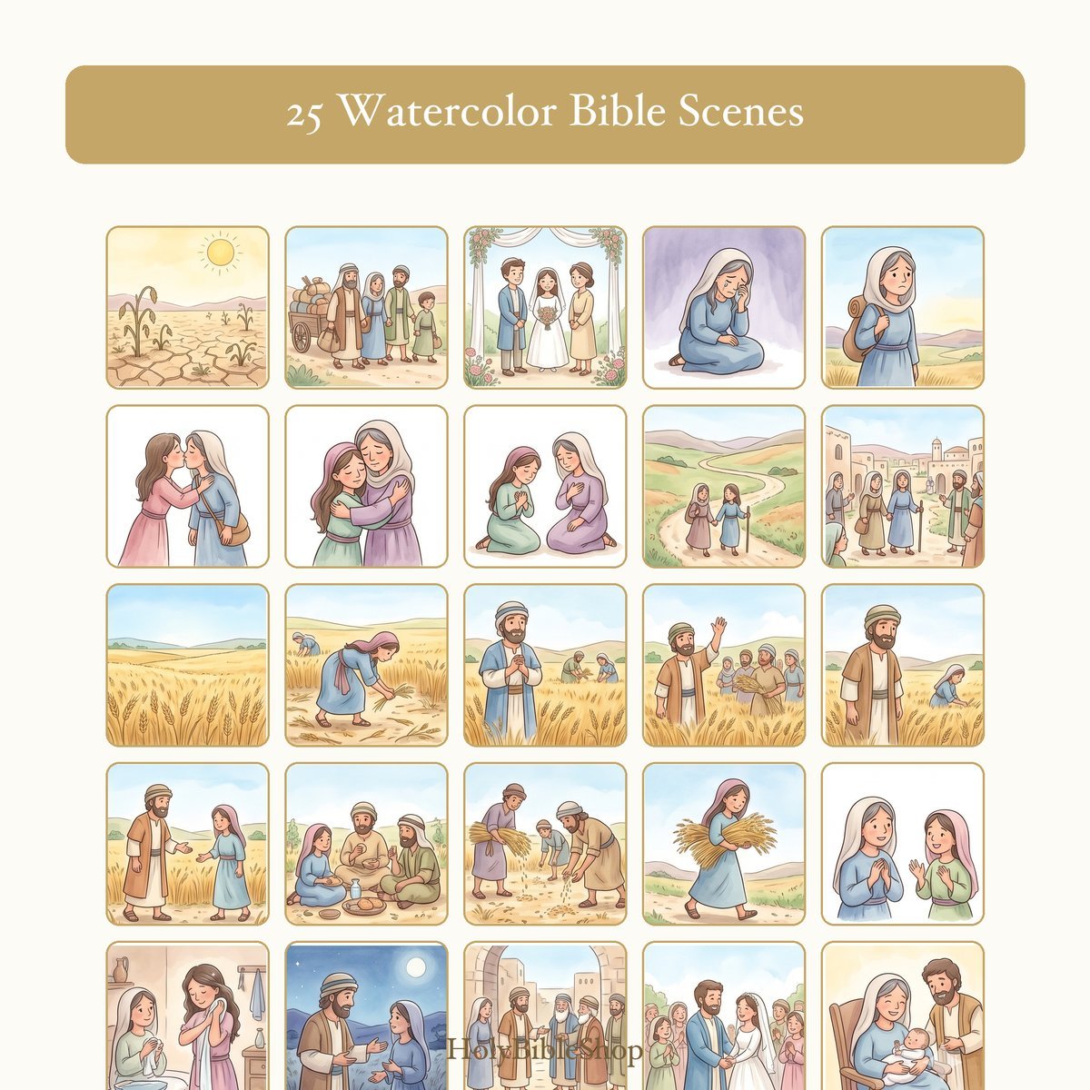 Ruth Bingo | Printable Bible Bingo Game for Kids | 60 Cards Sunday School VBS Christian Watercolor PDF — image 3