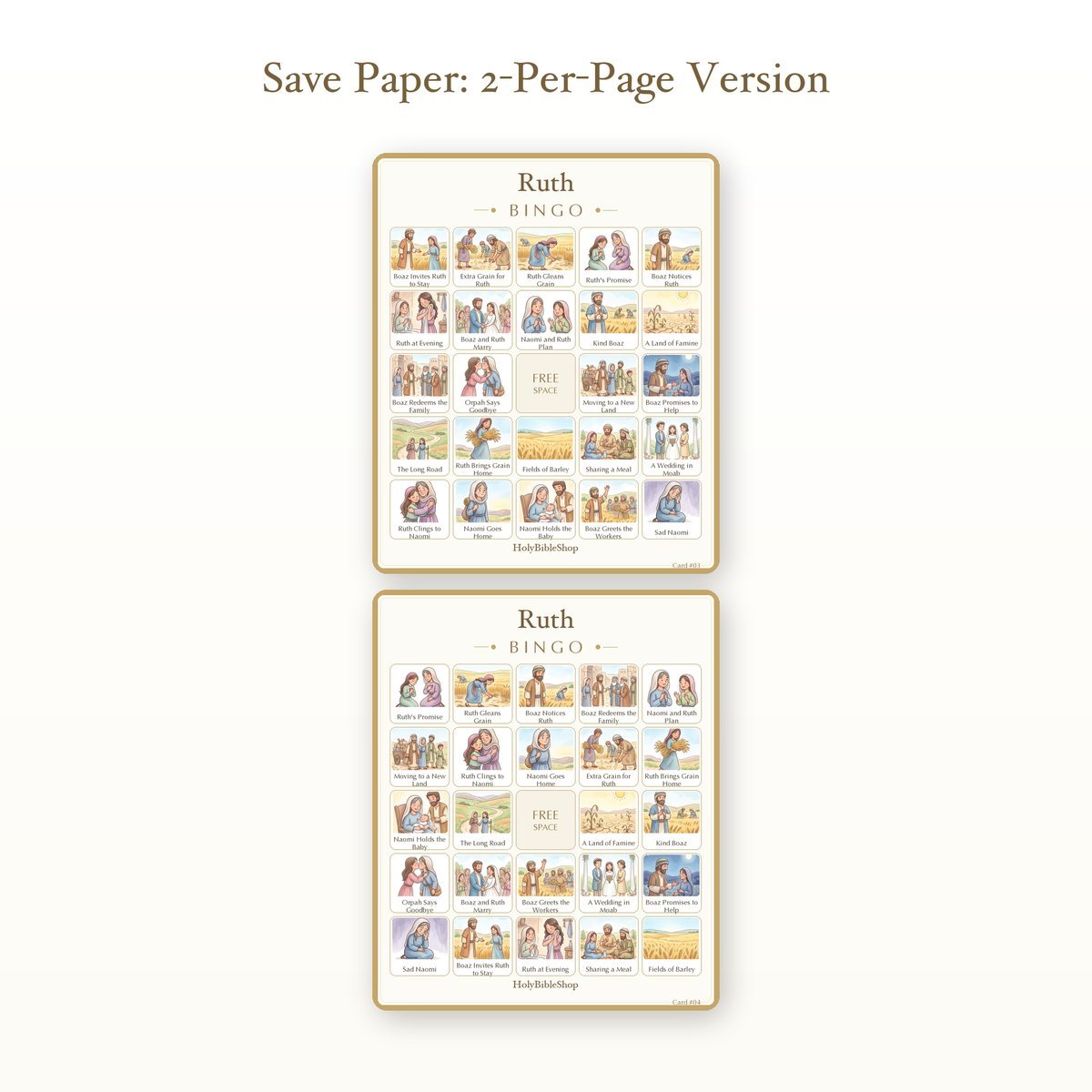 Ruth Bingo | Printable Bible Bingo Game for Kids | 60 Cards Sunday School VBS Christian Watercolor PDF — image 6
