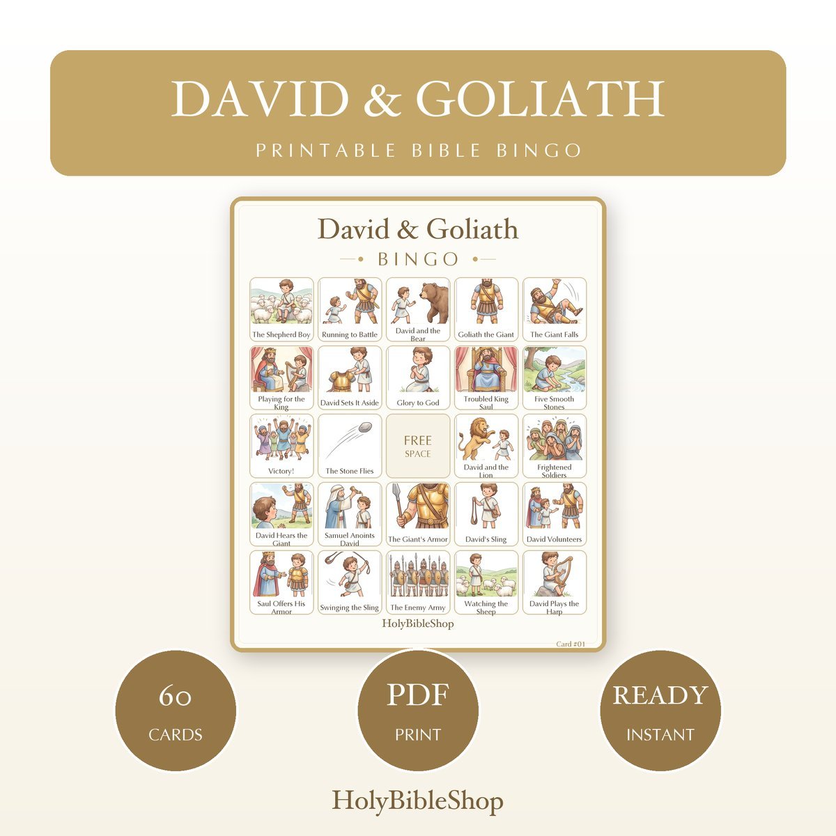 David & Goliath Bingo | Printable Bible Bingo Game for Kids | 60 Cards Sunday School VBS Christian Watercolor PDF