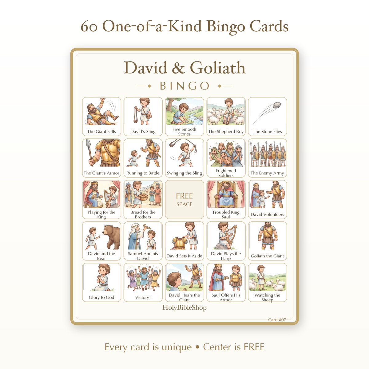 David & Goliath Bingo | Printable Bible Bingo Game for Kids | 60 Cards Sunday School VBS Christian Watercolor PDF — image 2