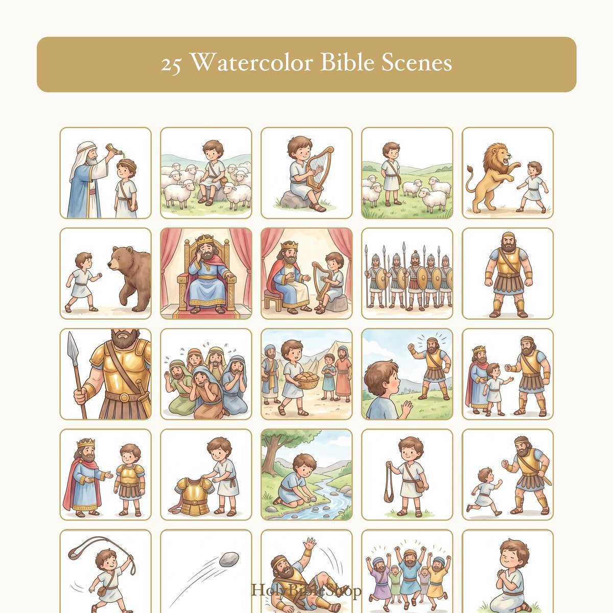 David & Goliath Bingo | Printable Bible Bingo Game for Kids | 60 Cards Sunday School VBS Christian Watercolor PDF — image 3