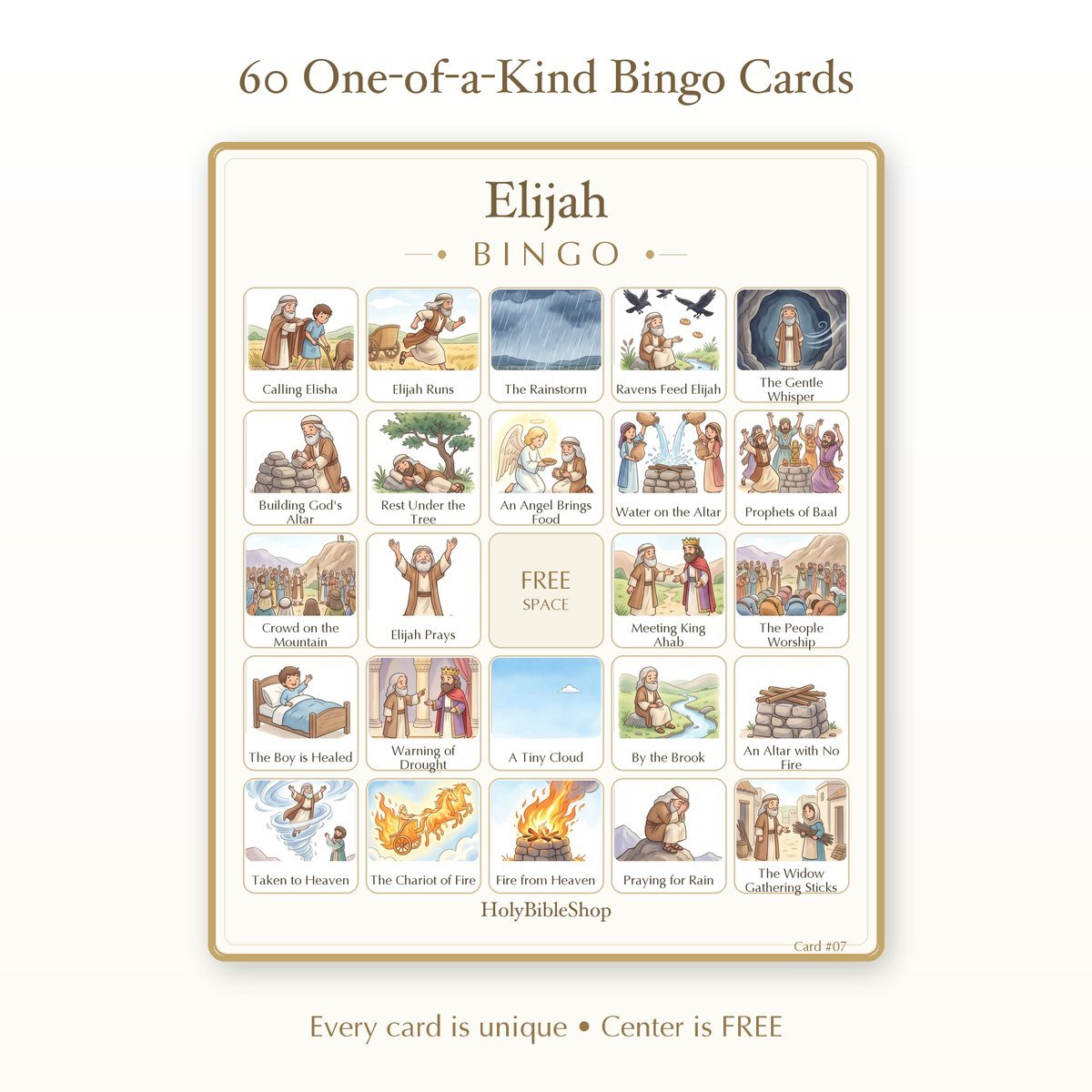 Elijah Bingo | Printable Bible Bingo Game for Kids | 60 Cards Sunday School VBS Christian Watercolor PDF — image 2