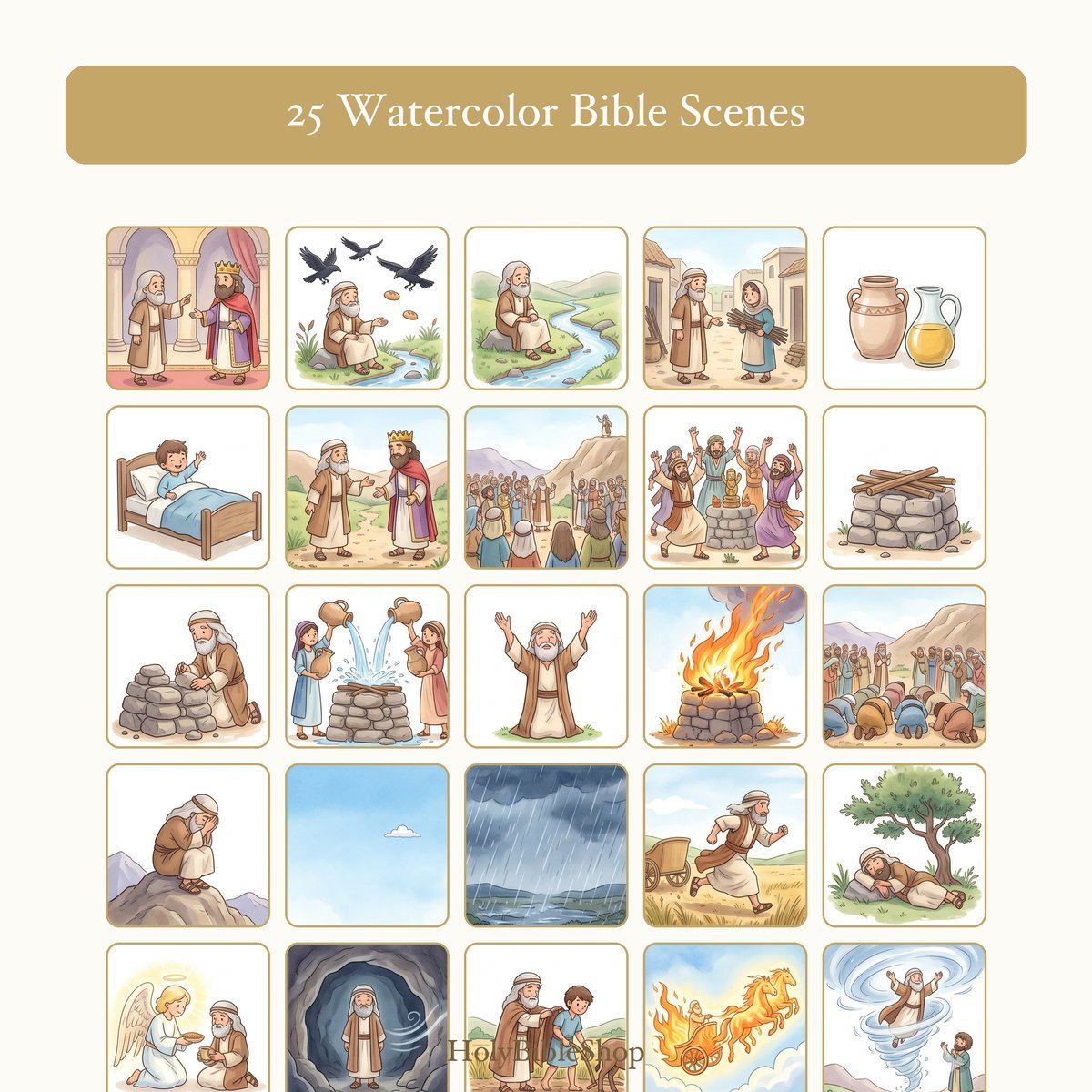 Elijah Bingo | Printable Bible Bingo Game for Kids | 60 Cards Sunday School VBS Christian Watercolor PDF — image 3