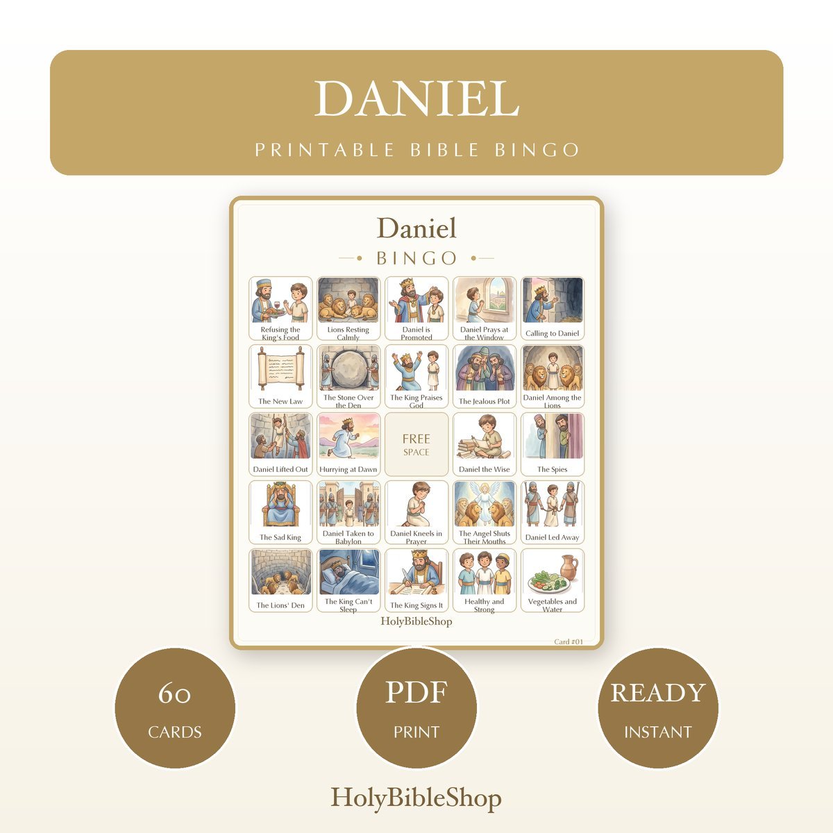 Daniel Bingo | Printable Bible Bingo Game for Kids | 60 Cards Sunday School VBS Christian Watercolor PDF