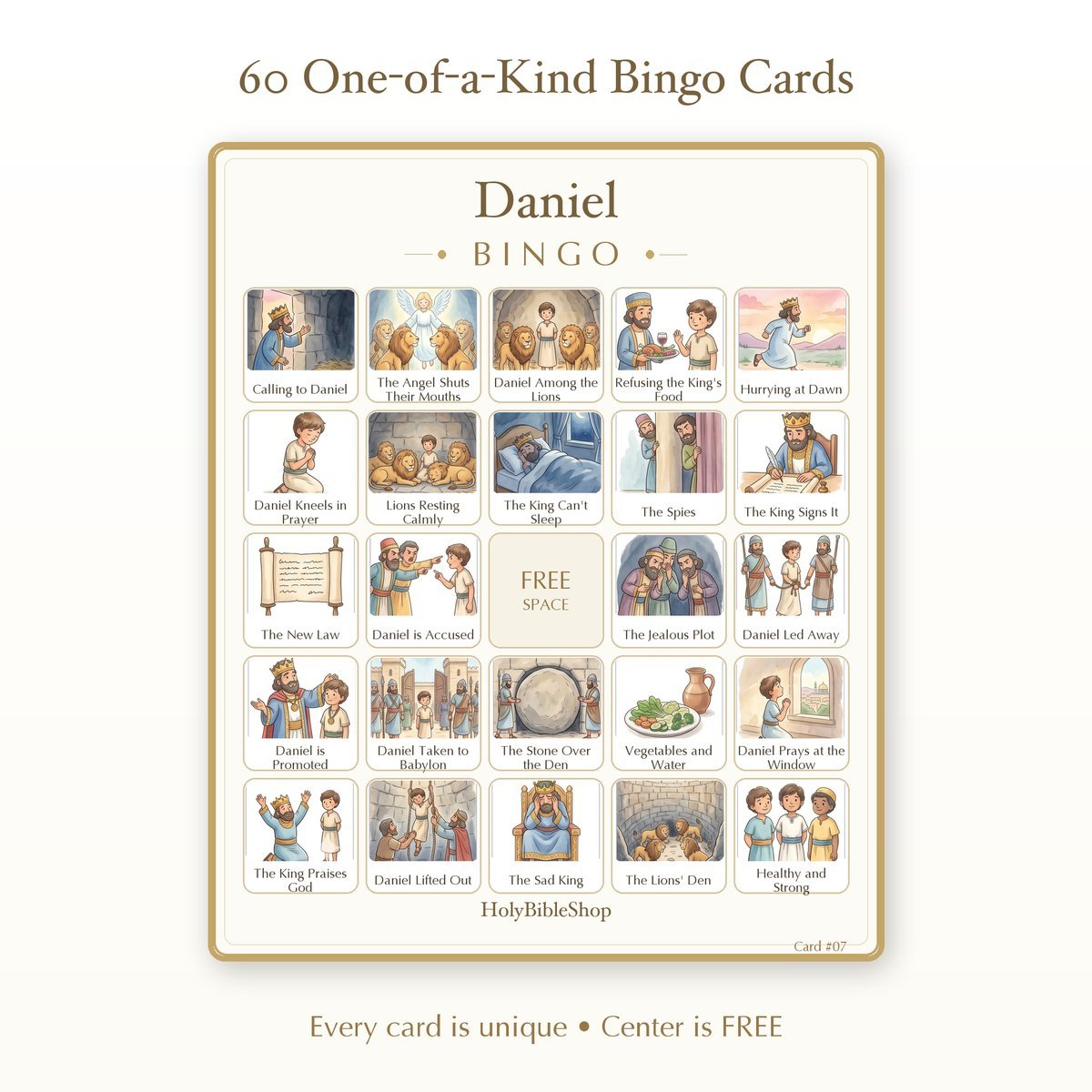 Daniel Bingo | Printable Bible Bingo Game for Kids | 60 Cards Sunday School VBS Christian Watercolor PDF — image 2