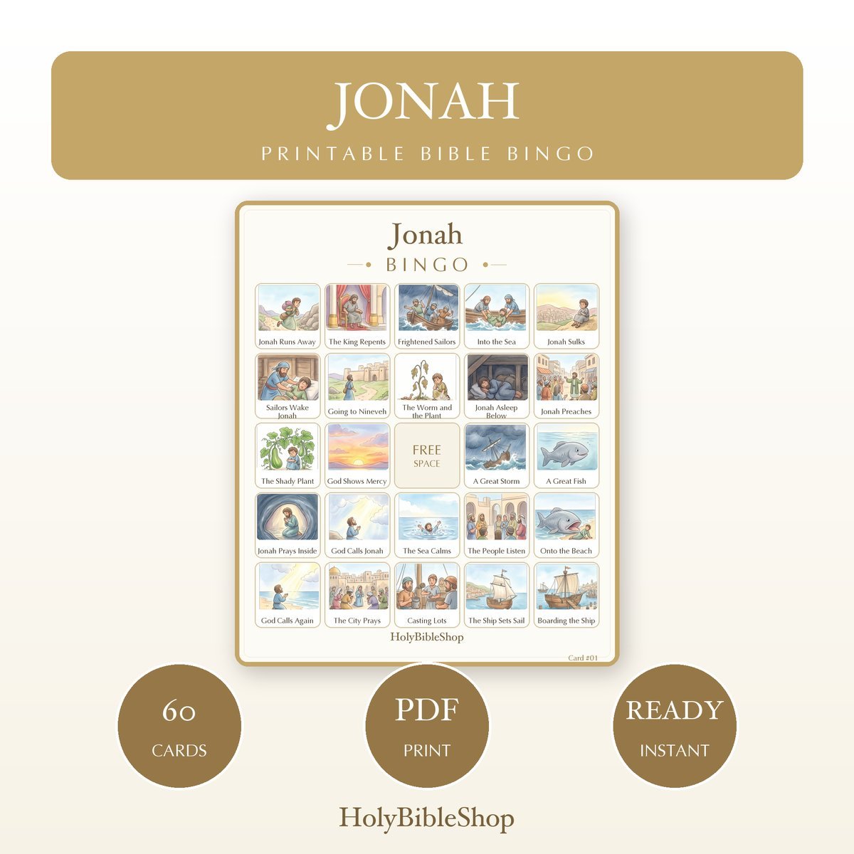 Jonah Bingo | Printable Bible Bingo Game for Kids | 60 Cards Sunday School VBS Christian Watercolor PDF