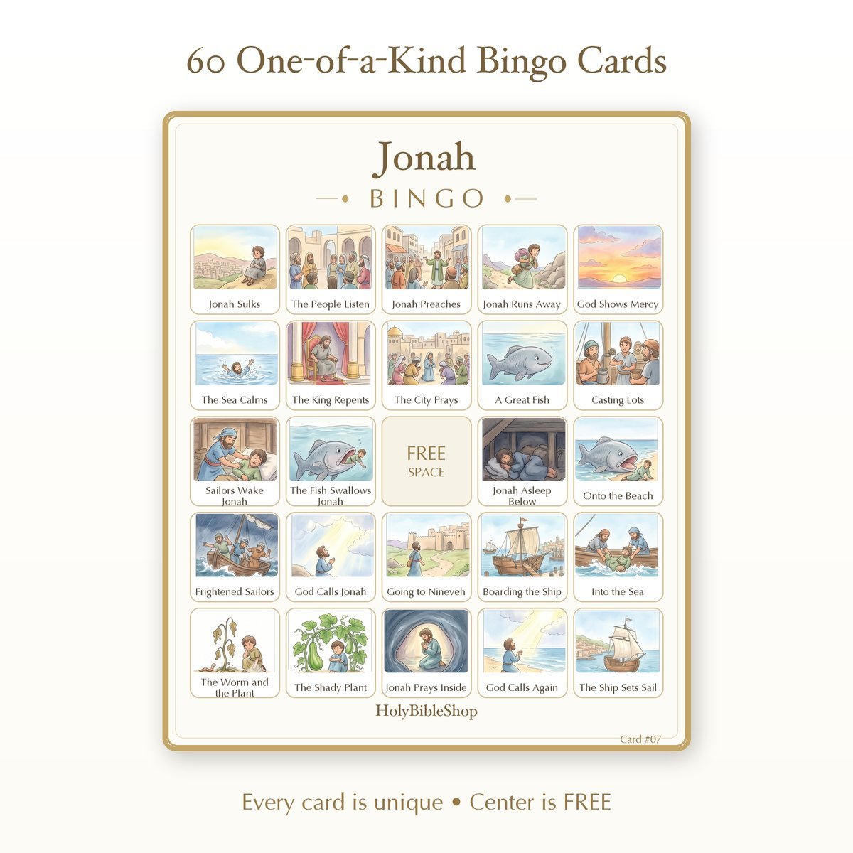 Jonah Bingo | Printable Bible Bingo Game for Kids | 60 Cards Sunday School VBS Christian Watercolor PDF — image 2