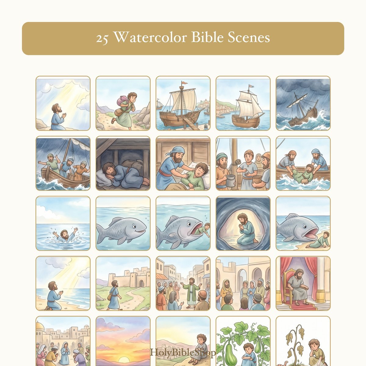 Jonah Bingo | Printable Bible Bingo Game for Kids | 60 Cards Sunday School VBS Christian Watercolor PDF — image 3