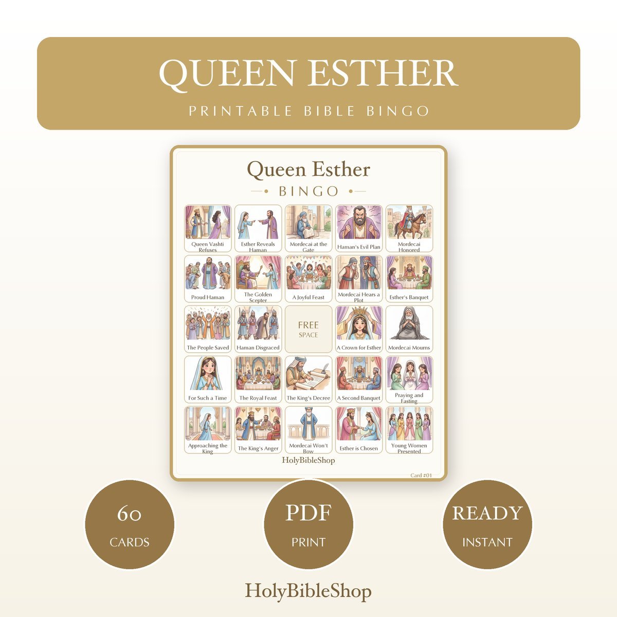 Queen Esther Bingo | Printable Bible Bingo Game for Kids | 60 Cards Sunday School VBS Christian Watercolor PDF