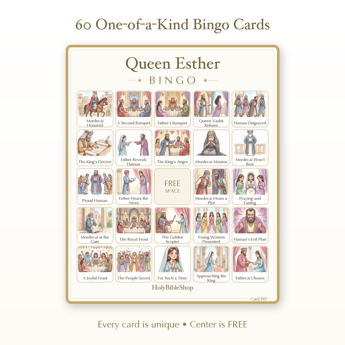Queen Esther Bingo | Printable Bible Bingo Game for Kids | 60 Cards Sunday School VBS Christian Watercolor PDF — image 2