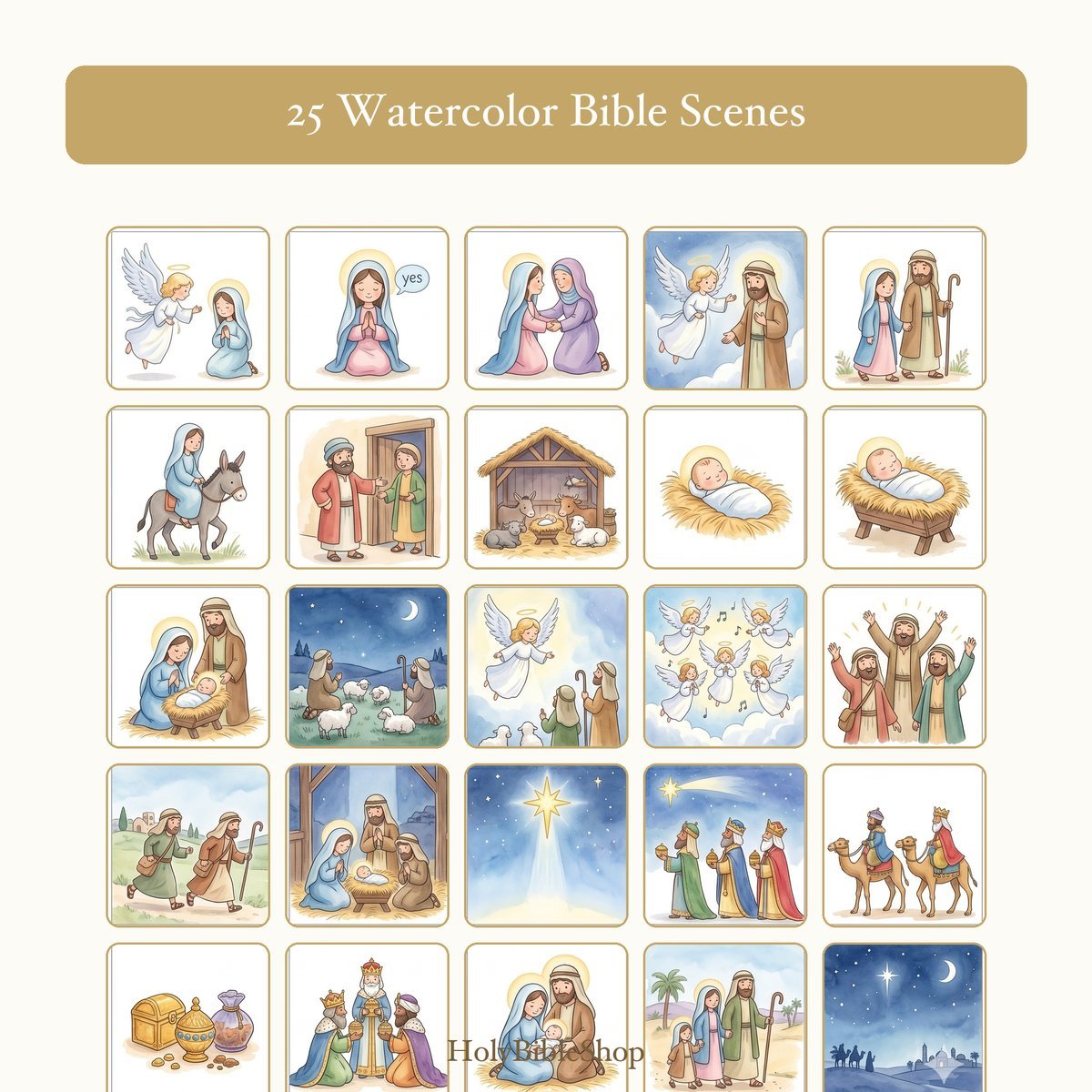 The Nativity Bingo | Printable Bible Bingo Game for Kids | 60 Cards Sunday School VBS Christian Watercolor PDF — image 3