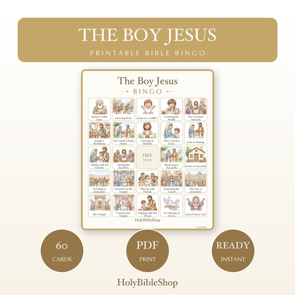 The Boy Jesus Bingo | Printable Bible Bingo Game for Kids | 60 Cards Sunday School VBS Christian Watercolor PDF