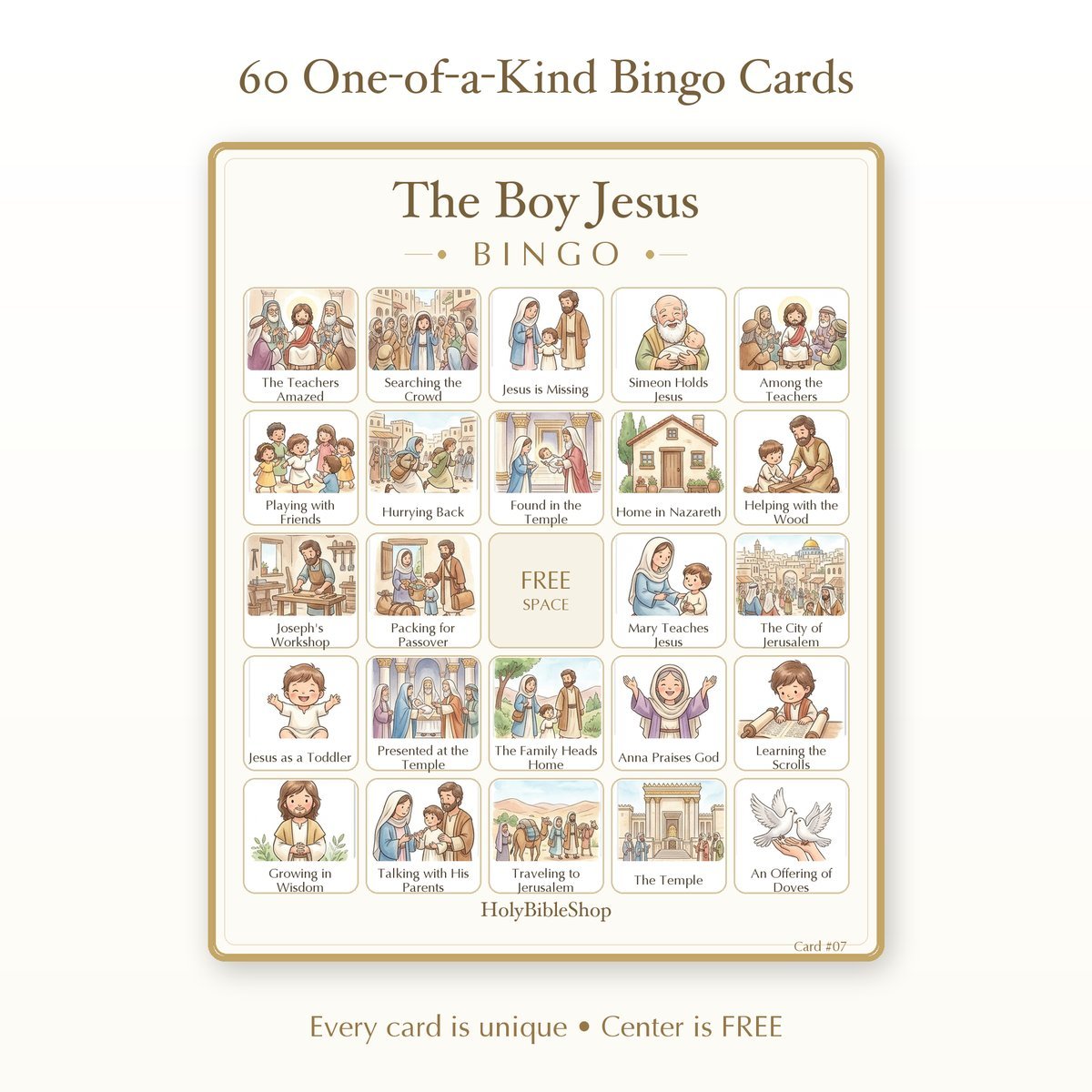 The Boy Jesus Bingo | Printable Bible Bingo Game for Kids | 60 Cards Sunday School VBS Christian Watercolor PDF — image 2
