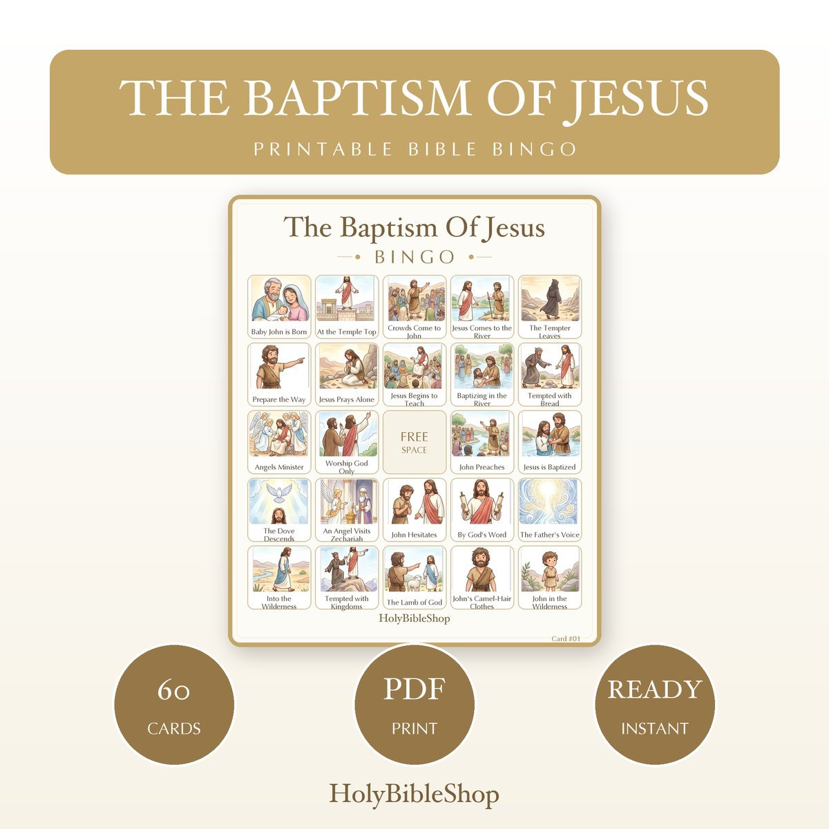 The Baptism Of Jesus Bingo | Printable Bible Bingo Game for Kids | 60 Cards Sunday School VBS Christian Watercolor PDF