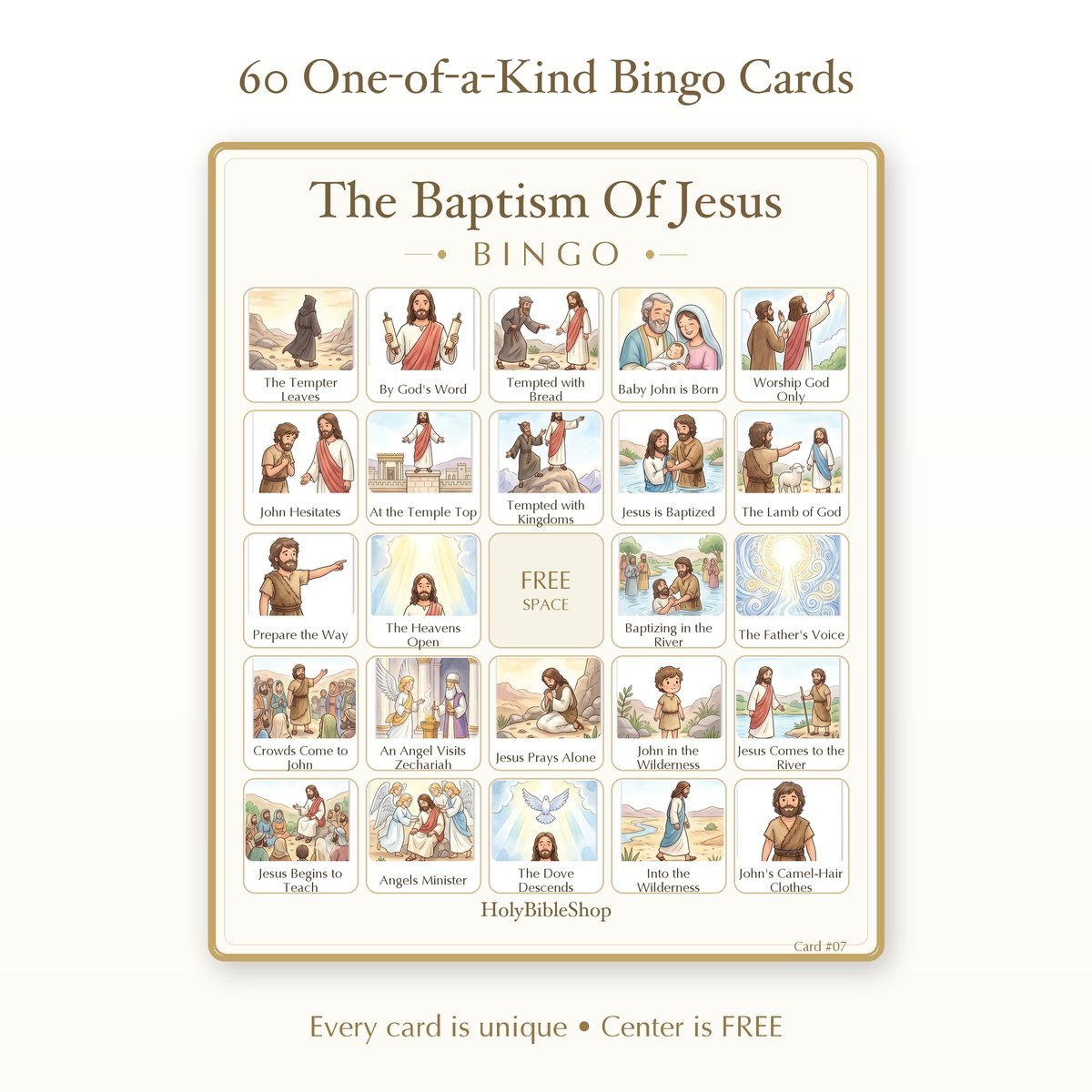 The Baptism Of Jesus Bingo | Printable Bible Bingo Game for Kids | 60 Cards Sunday School VBS Christian Watercolor PDF — image 2