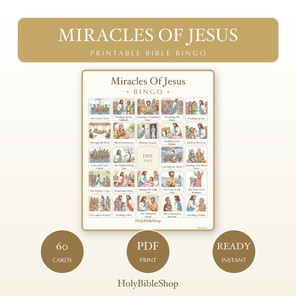 Miracles Of Jesus Bingo | Printable Bible Bingo Game for Kids | 60 Cards Sunday School VBS Christian Watercolor PDF