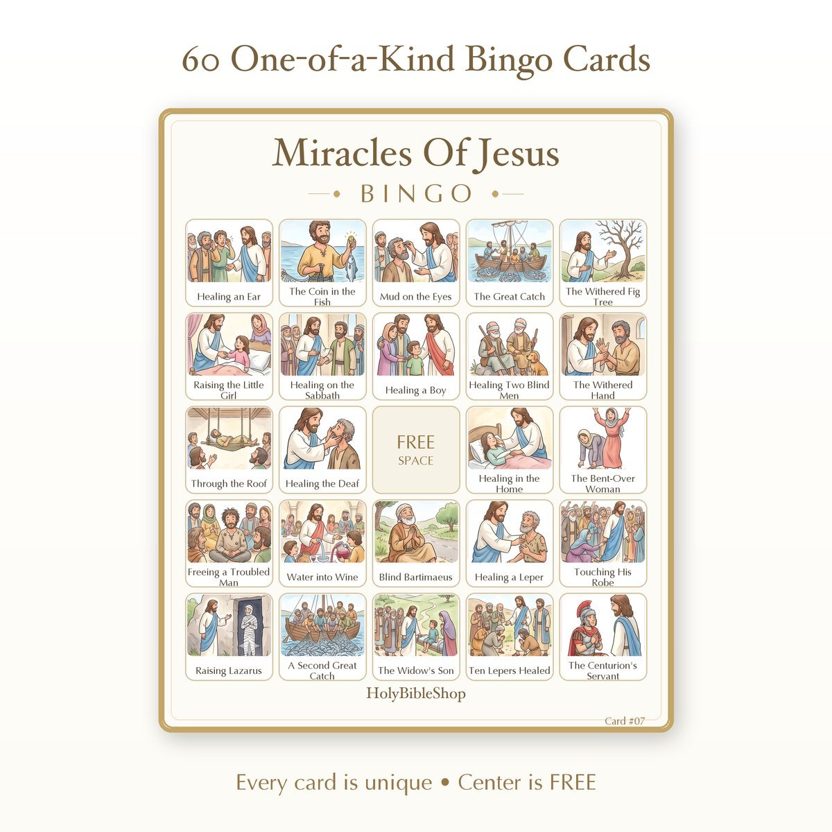 Miracles Of Jesus Bingo | Printable Bible Bingo Game for Kids | 60 Cards Sunday School VBS Christian Watercolor PDF — image 2