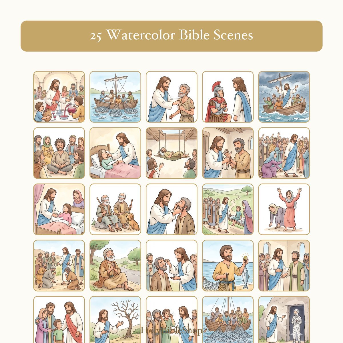 Miracles Of Jesus Bingo | Printable Bible Bingo Game for Kids | 60 Cards Sunday School VBS Christian Watercolor PDF — image 3