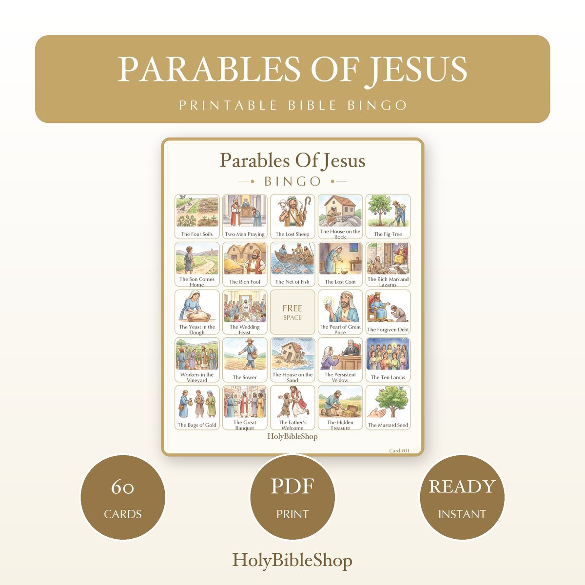 Parables Of Jesus Bingo | Printable Bible Bingo Game for Kids | 60 Cards Sunday School VBS Christian Watercolor PDF