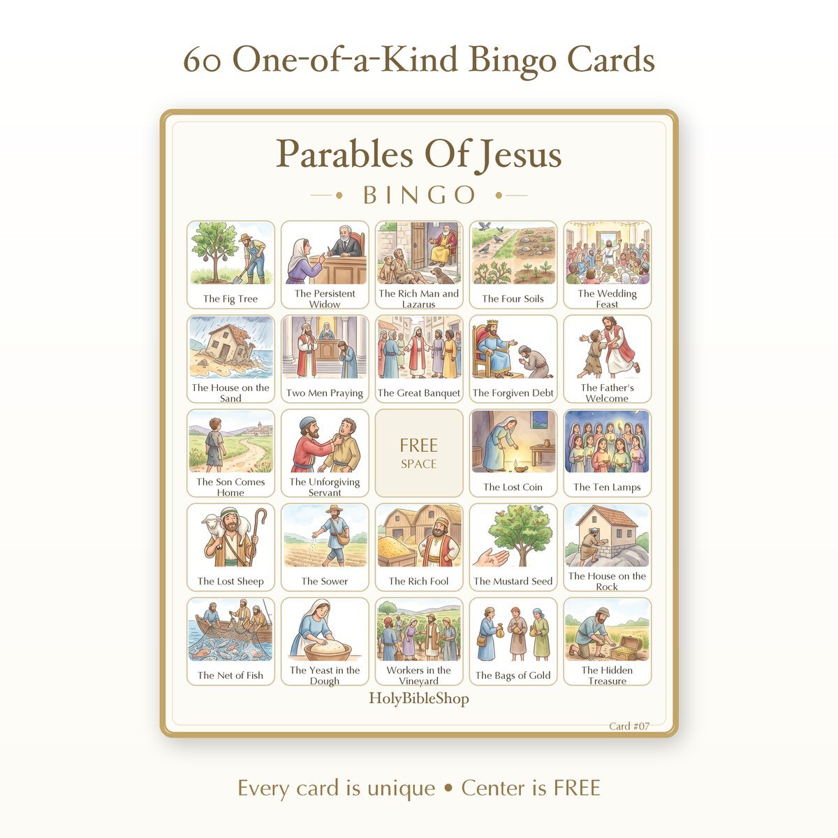 Parables Of Jesus Bingo | Printable Bible Bingo Game for Kids | 60 Cards Sunday School VBS Christian Watercolor PDF — image 2