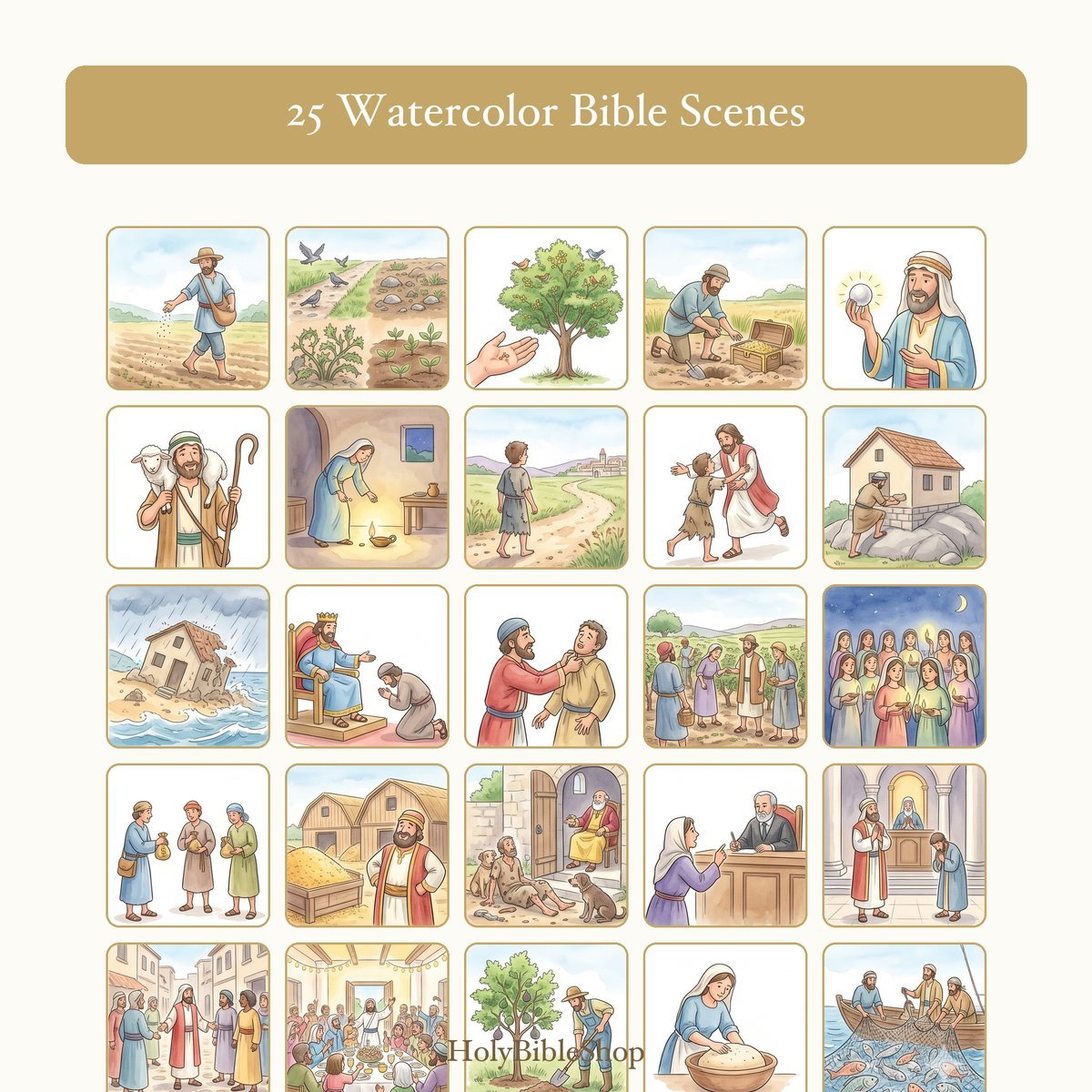 Parables Of Jesus Bingo | Printable Bible Bingo Game for Kids | 60 Cards Sunday School VBS Christian Watercolor PDF — image 3