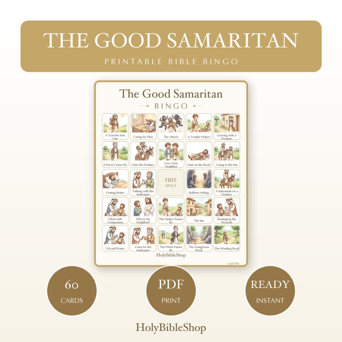 The Good Samaritan Bingo | Printable Bible Bingo Game for Kids | 60 Cards Sunday School VBS Christian Watercolor PDF