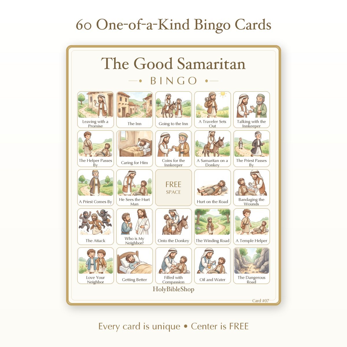 The Good Samaritan Bingo | Printable Bible Bingo Game for Kids | 60 Cards Sunday School VBS Christian Watercolor PDF — image 2
