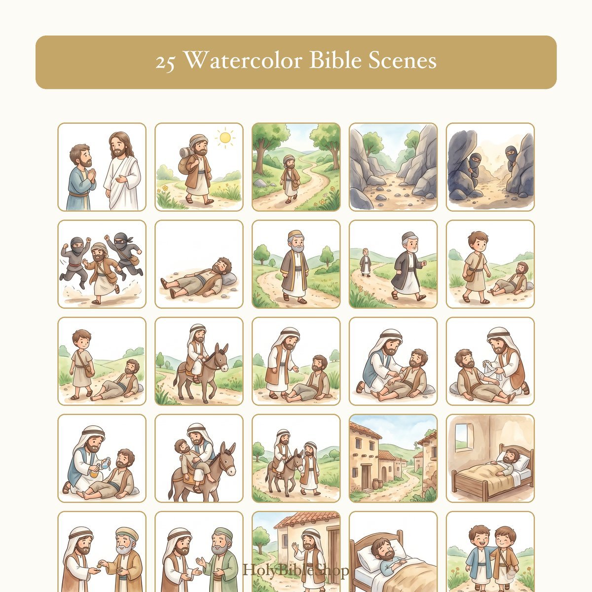 The Good Samaritan Bingo | Printable Bible Bingo Game for Kids | 60 Cards Sunday School VBS Christian Watercolor PDF — image 3
